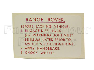 FF008249 - Jack Safety Label - Classic Range Rover 1970-85 Models