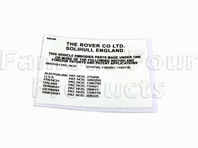 Engine Bay Bonnet Slam Panel Patent Application Decal - Classic Range Rover 1970-85 Models - Body