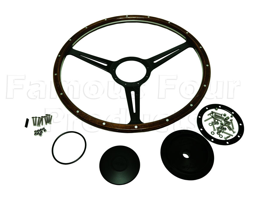 FF013199 - Steering Wheel - 3 Spoke Evander Beech Wood Rim with Satin Black Spokes and Black Centre Boss - Land Rover 90/110 & Defender