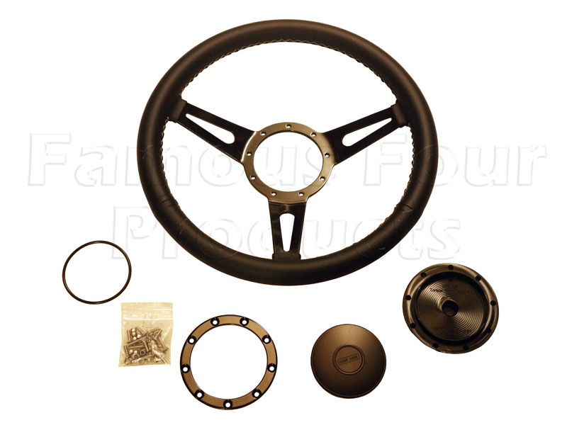 Steering Wheel - Williams - 3 Spoke Black Leather Clad with Satin Black Spokes and Black Centre Boss - Land Rover 90/110 & Defender (L316) - Interior Accessories