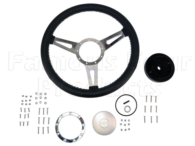 Steering Wheel - Williams - 3 Spoke Black Leather Clad with Silver Spokes and Silver Centre Boss - Land Rover 90/110 & Defender (L316) - Interior Accessories